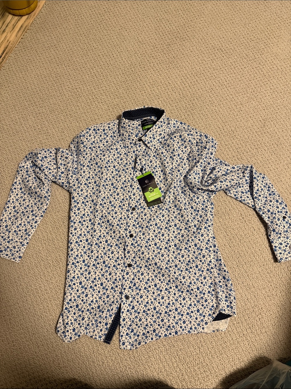 NEW Casual White Stretchy Button-Down Shirt with Blue Floral Print Slim Fit
